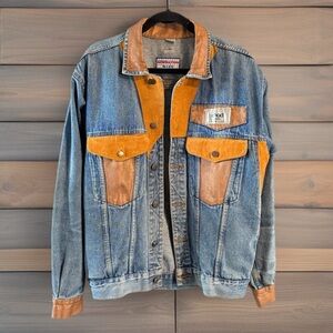 VTG Generation Blues Denim Blue Jean Jacket w/ Tan Leather-Like Panels 80’s-90’s